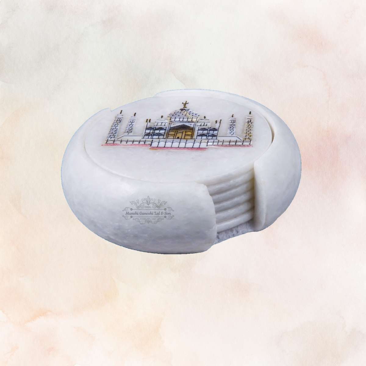 Taj Mahal Carved Design Marble Coaster